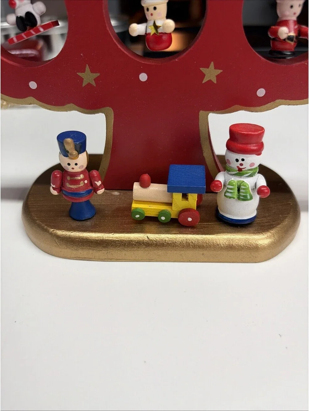Vintage Wooden Christmas Tree On Stand W/ 16 Ornaments 12.5” X 9.5” Hand Painted